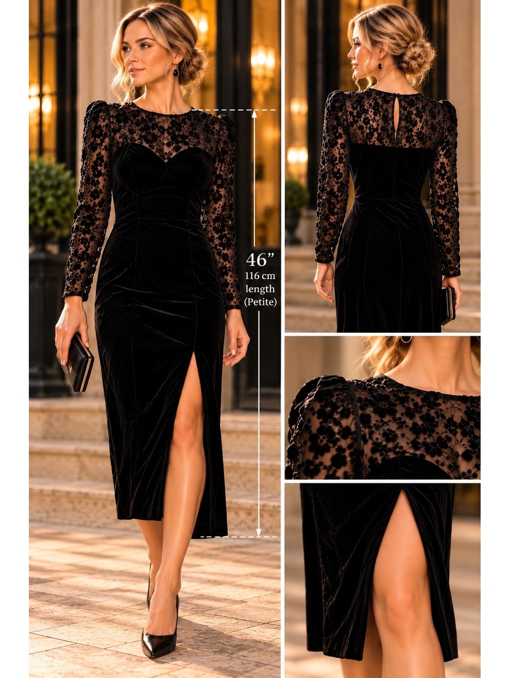Vintage Algo Black Velvet Flocked Floral Mesh Dress XS Petite Made Canada